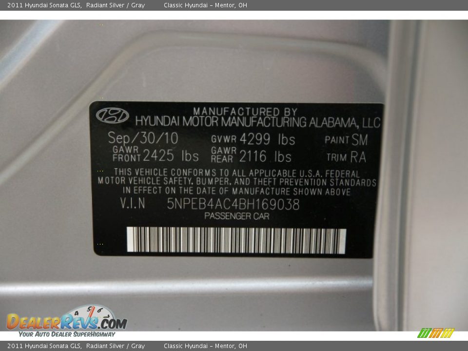 2011 Hyundai Sonata GLS Radiant Silver / Gray Photo #13