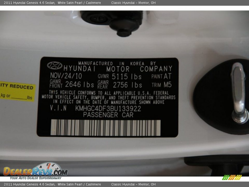 2011 Hyundai Genesis 4.6 Sedan White Satin Pearl / Cashmere Photo #16