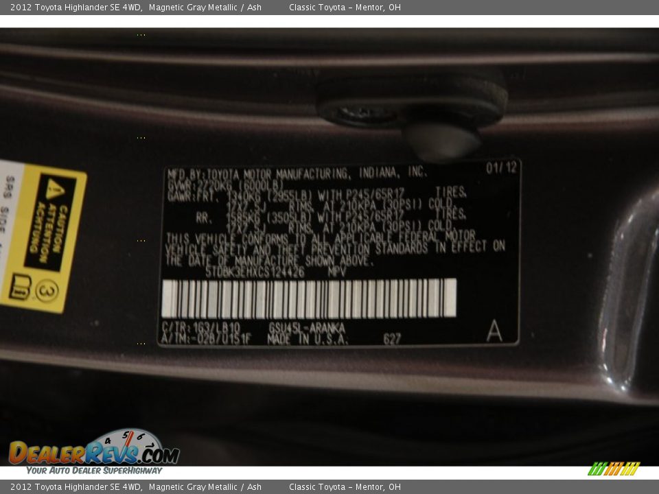 2012 Toyota Highlander SE 4WD Magnetic Gray Metallic / Ash Photo #20