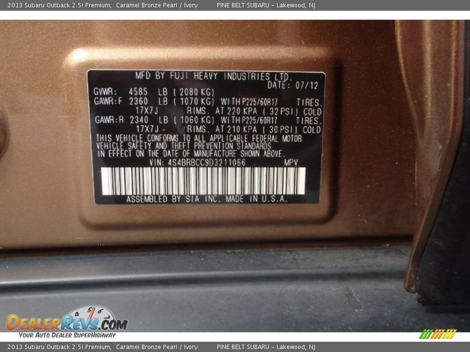 2013 Subaru Outback 2.5i Premium Caramel Bronze Pearl / Ivory Photo #29
