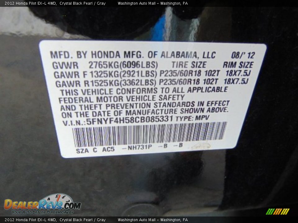 2012 Honda Pilot EX-L 4WD Crystal Black Pearl / Gray Photo #19