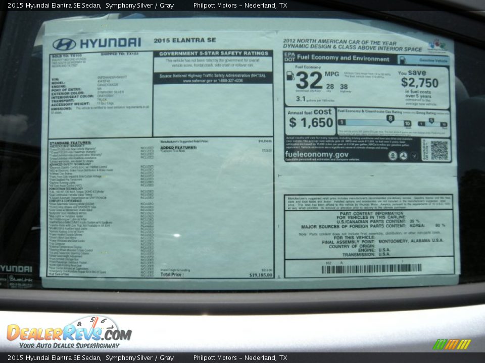 2015 Hyundai Elantra SE Sedan Symphony Silver / Gray Photo #33