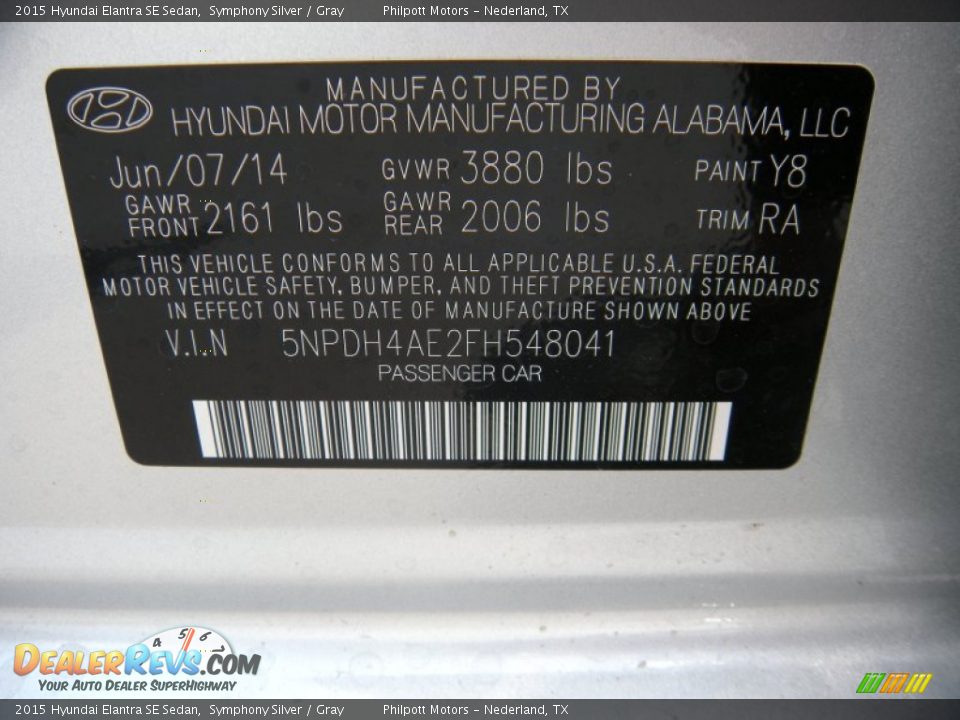 2015 Hyundai Elantra SE Sedan Symphony Silver / Gray Photo #32