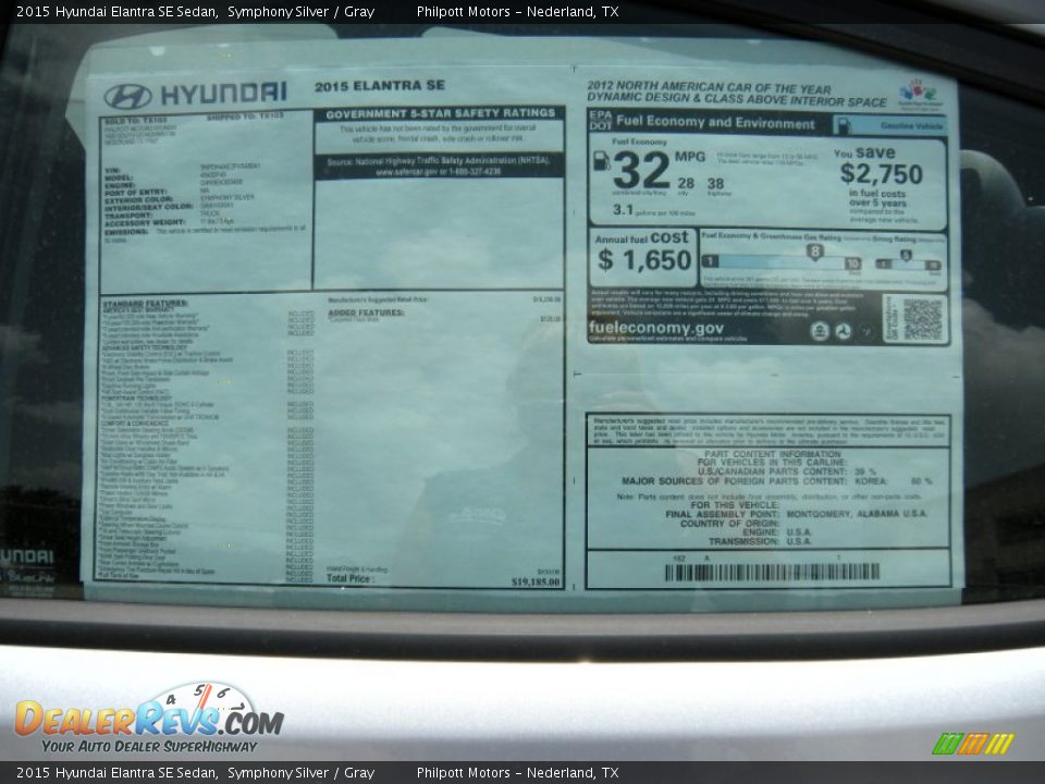 2015 Hyundai Elantra SE Sedan Symphony Silver / Gray Photo #33