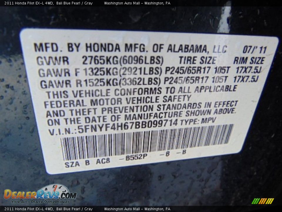 2011 Honda Pilot EX-L 4WD Bali Blue Pearl / Gray Photo #19