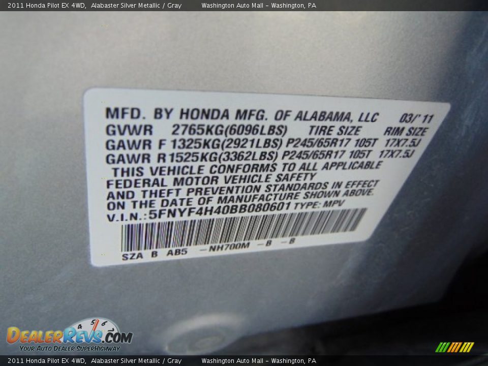 2011 Honda Pilot EX 4WD Alabaster Silver Metallic / Gray Photo #19