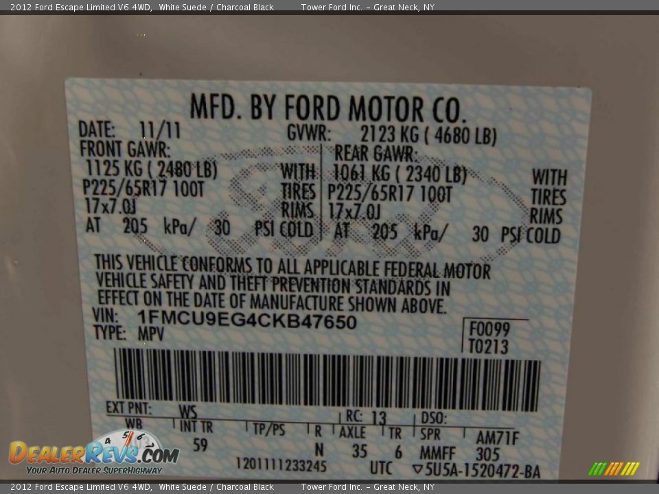 2012 Ford Escape Limited V6 4WD White Suede / Charcoal Black Photo #30