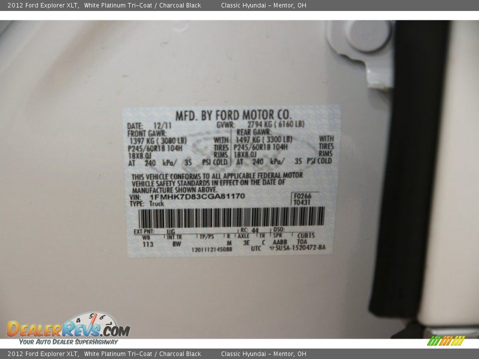 2012 Ford Explorer XLT White Platinum Tri-Coat / Charcoal Black Photo #33