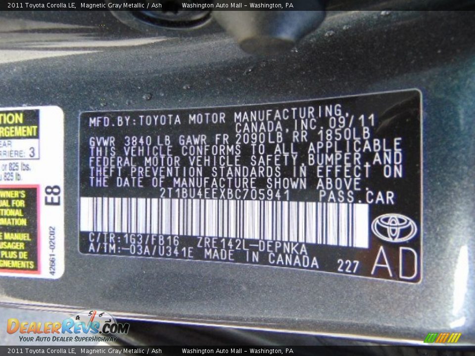 2011 Toyota Corolla LE Magnetic Gray Metallic / Ash Photo #8