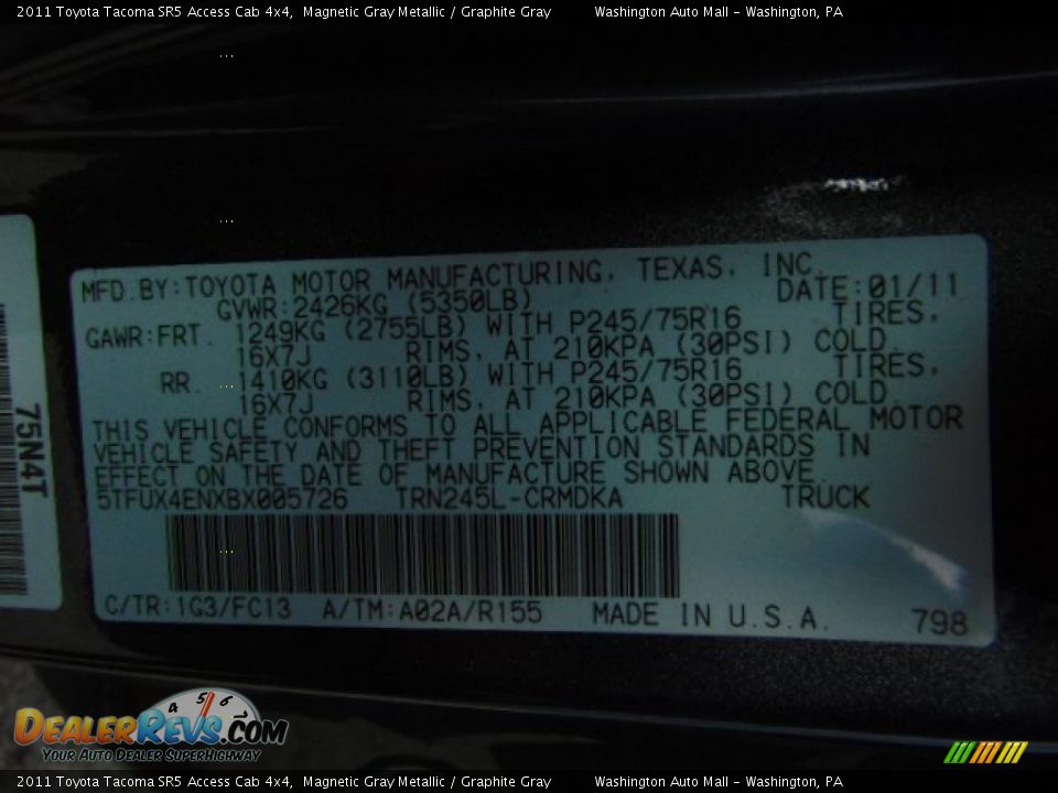 2011 Toyota Tacoma SR5 Access Cab 4x4 Magnetic Gray Metallic / Graphite Gray Photo #19