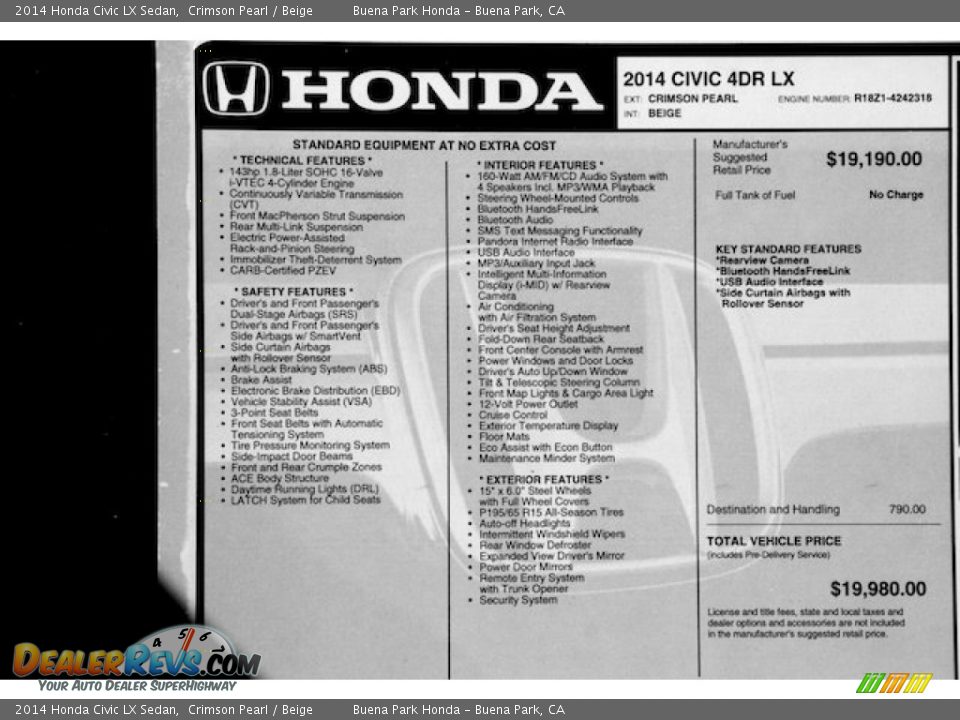 2014 Honda Civic LX Sedan Crimson Pearl / Beige Photo #18