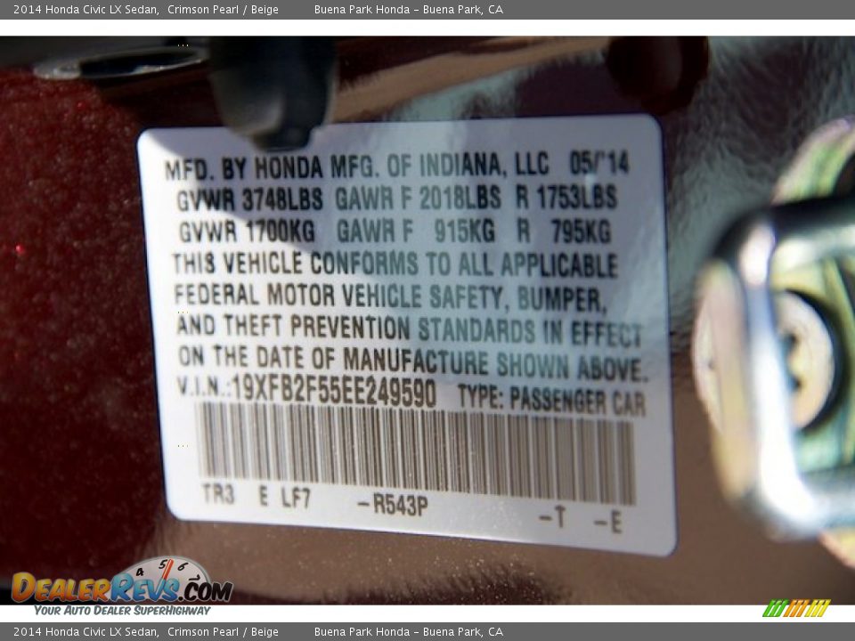 2014 Honda Civic LX Sedan Crimson Pearl / Beige Photo #20