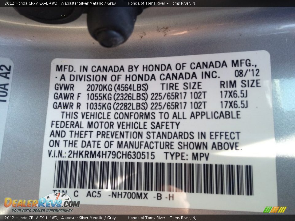 2012 Honda CR-V EX-L 4WD Alabaster Silver Metallic / Gray Photo #18