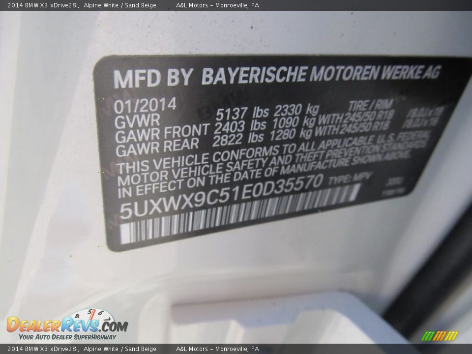2014 BMW X3 xDrive28i Alpine White / Sand Beige Photo #19