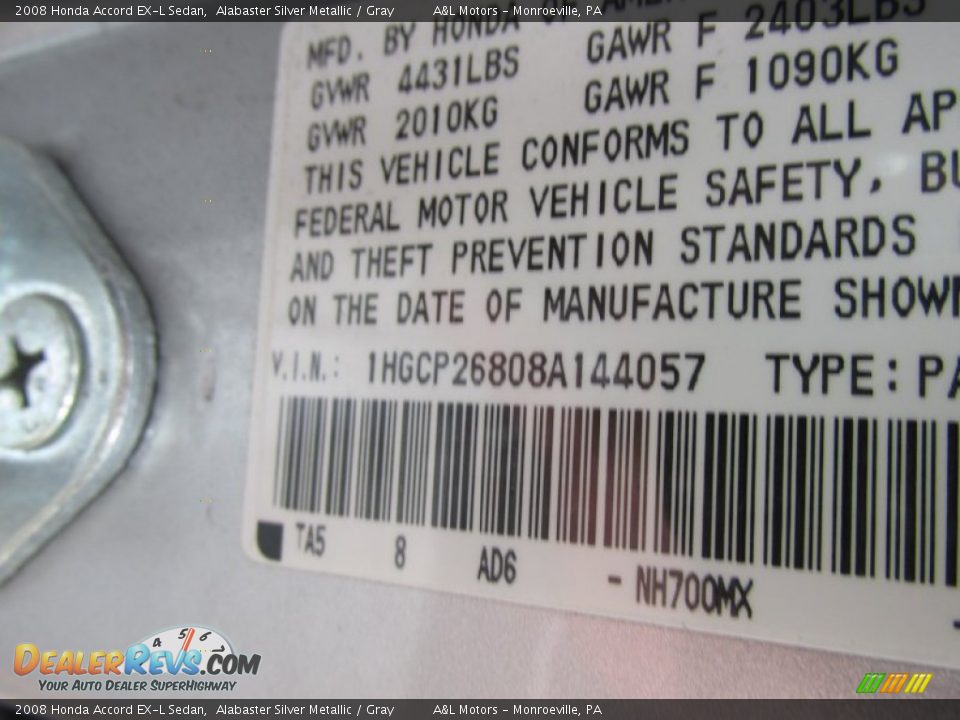 2008 Honda Accord EX-L Sedan Alabaster Silver Metallic / Gray Photo #19