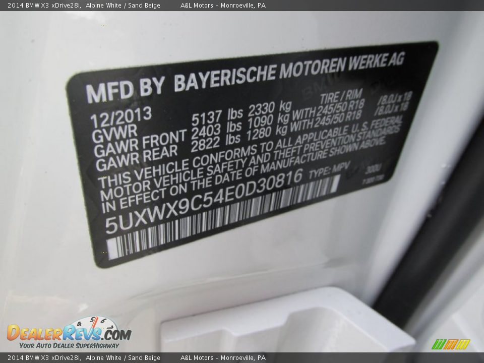 2014 BMW X3 xDrive28i Alpine White / Sand Beige Photo #19