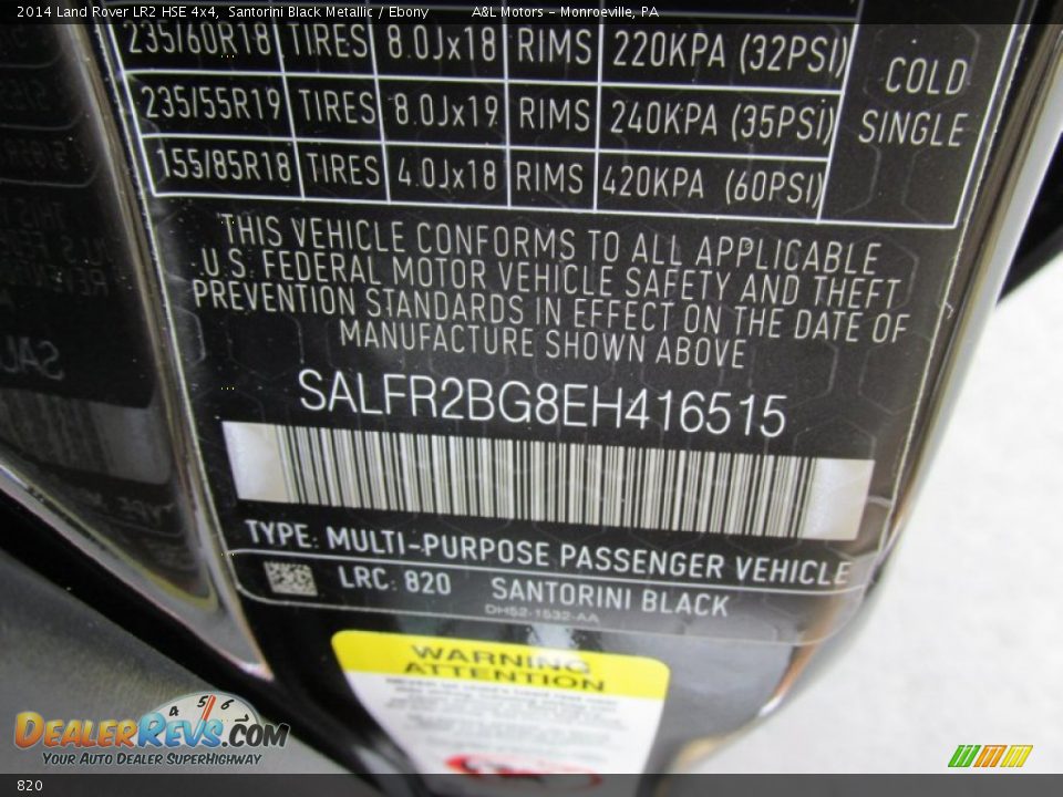 Land Rover Color Code 820 Santorini Black Metallic