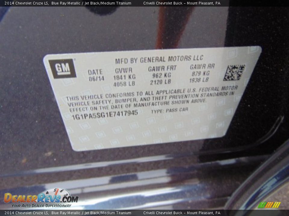 2014 Chevrolet Cruze LS Blue Ray Metallic / Jet Black/Medium Titanium Photo #15