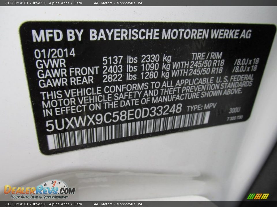 2014 BMW X3 xDrive28i Alpine White / Black Photo #19
