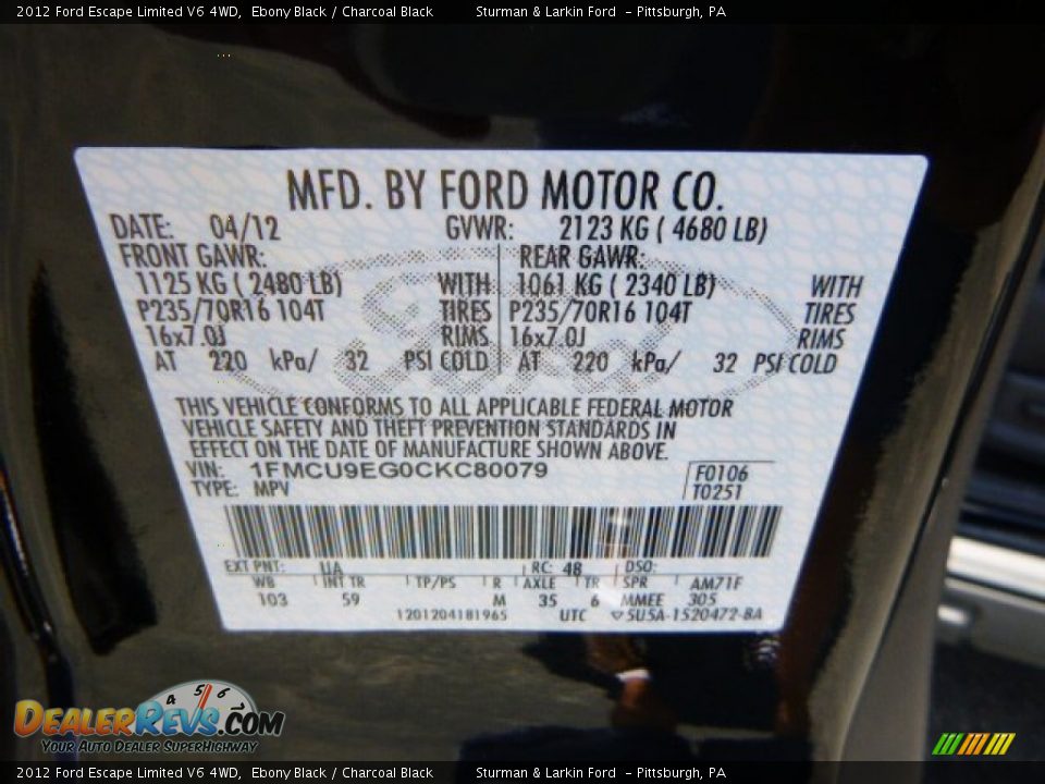 2012 Ford Escape Limited V6 4WD Ebony Black / Charcoal Black Photo #14