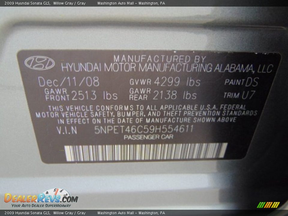 2009 Hyundai Sonata GLS Willow Gray / Gray Photo #19
