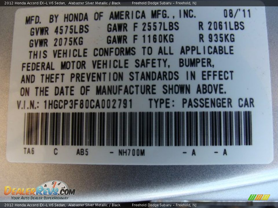 2012 Honda Accord EX-L V6 Sedan Alabaster Silver Metallic / Black Photo #24