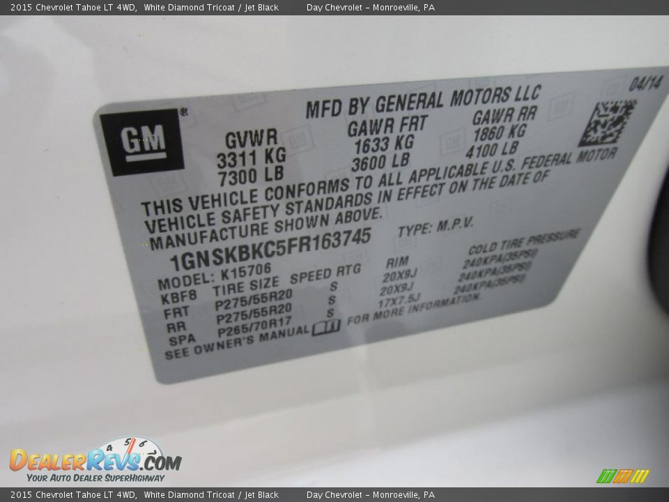 2015 Chevrolet Tahoe LT 4WD White Diamond Tricoat / Jet Black Photo #19