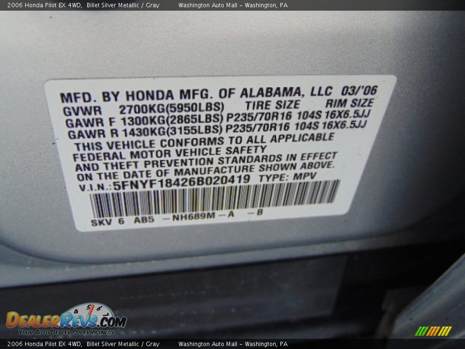 2006 Honda Pilot EX 4WD Billet Silver Metallic / Gray Photo #19