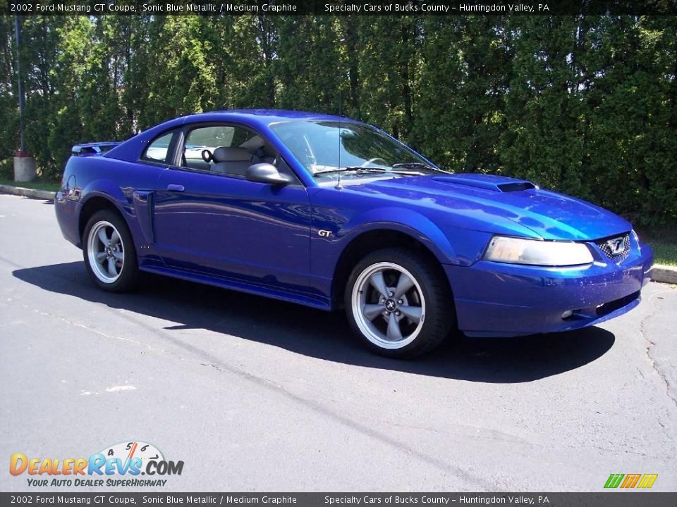 2002 Ford Mustang GT Coupe Sonic Blue Metallic / Medium Graphite Photo #23