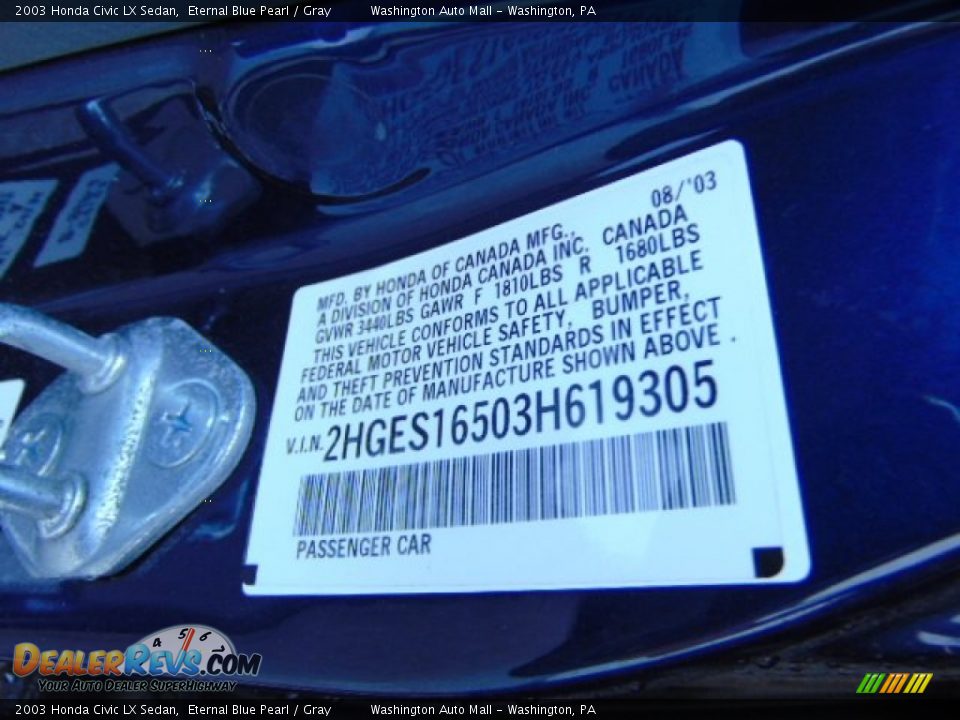 2003 Honda Civic LX Sedan Eternal Blue Pearl / Gray Photo #19