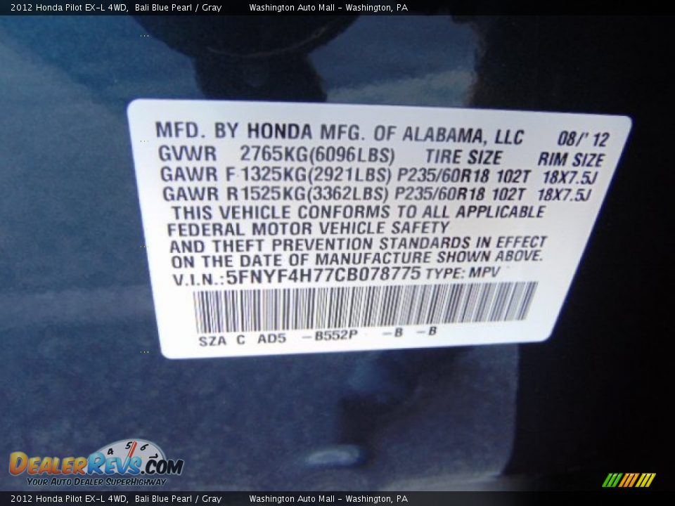 2012 Honda Pilot EX-L 4WD Bali Blue Pearl / Gray Photo #19