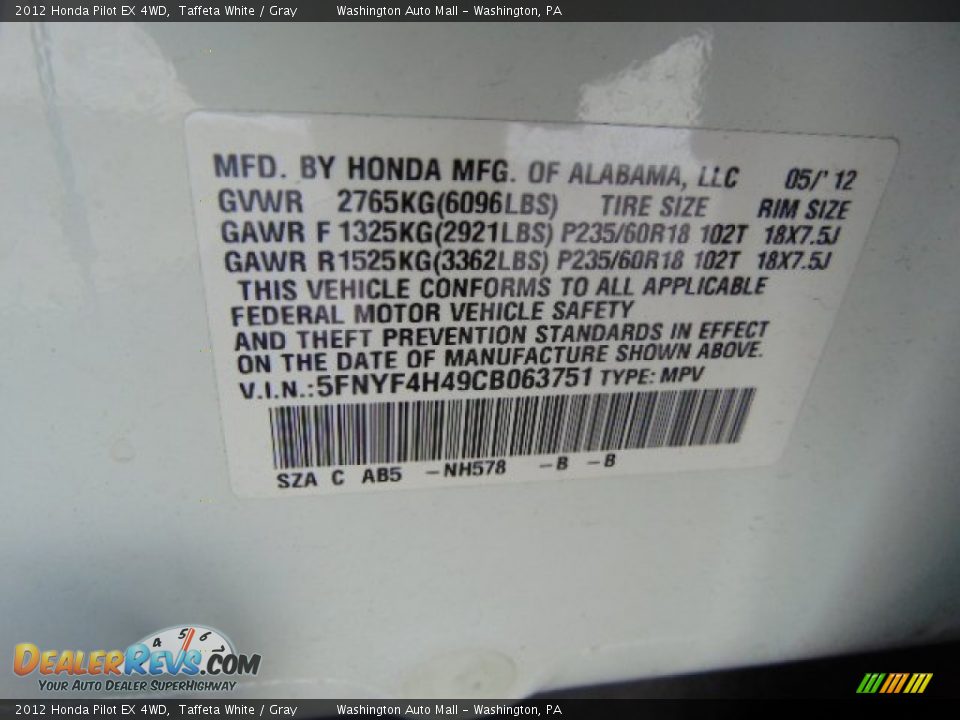 2012 Honda Pilot EX 4WD Taffeta White / Gray Photo #19