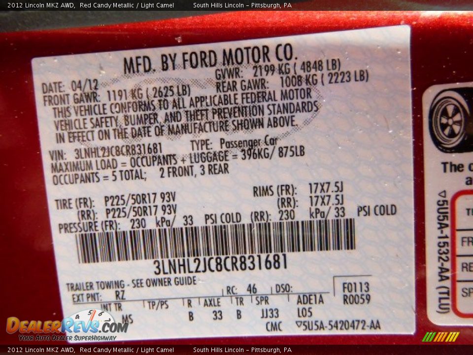2012 Lincoln MKZ AWD Red Candy Metallic / Light Camel Photo #24