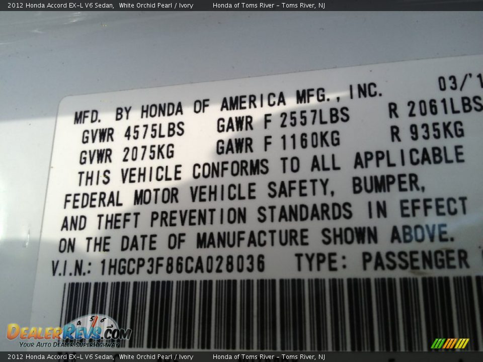 2012 Honda Accord EX-L V6 Sedan White Orchid Pearl / Ivory Photo #17