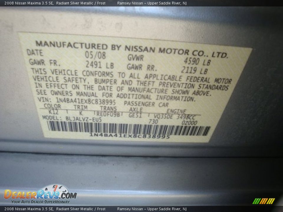 2008 Nissan Maxima 3.5 SE Radiant Silver Metallic / Frost Photo #26