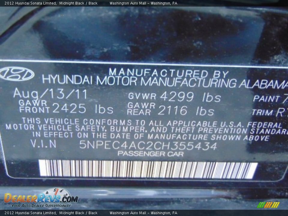 2012 Hyundai Sonata Limited Midnight Black / Black Photo #19