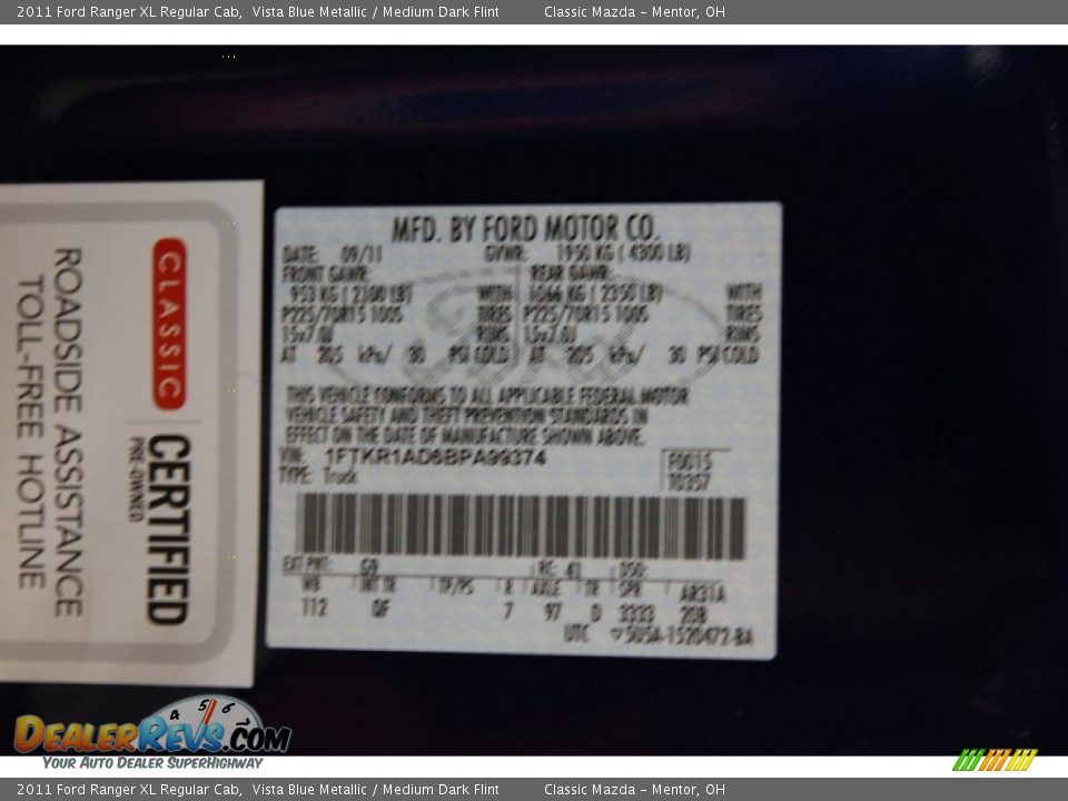 2011 Ford Ranger XL Regular Cab Vista Blue Metallic / Medium Dark Flint Photo #14