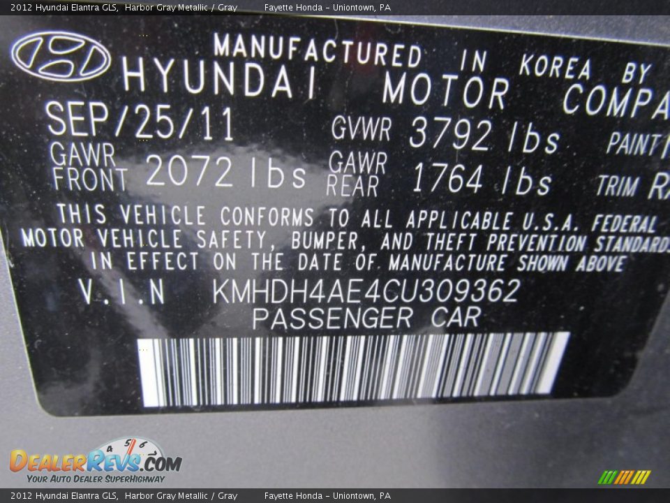 2012 Hyundai Elantra GLS Harbor Gray Metallic / Gray Photo #9