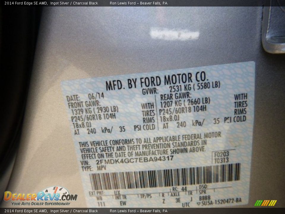 2014 Ford Edge SE AWD Ingot Silver / Charcoal Black Photo #20