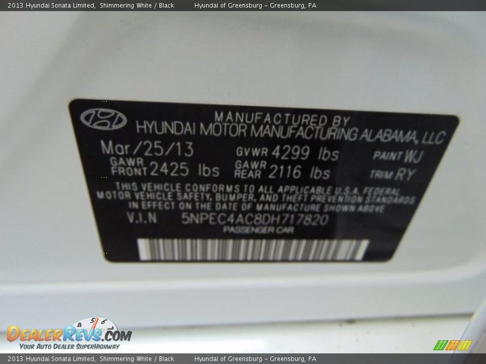 2013 Hyundai Sonata Limited Shimmering White / Black Photo #24