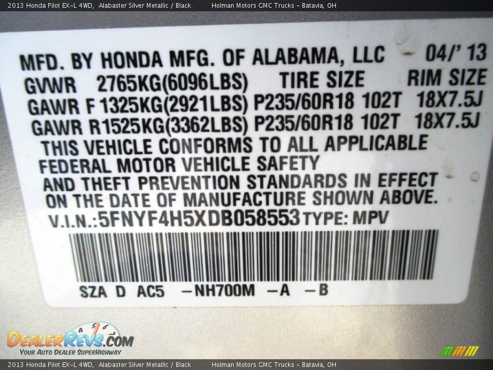 2013 Honda Pilot EX-L 4WD Alabaster Silver Metallic / Black Photo #4