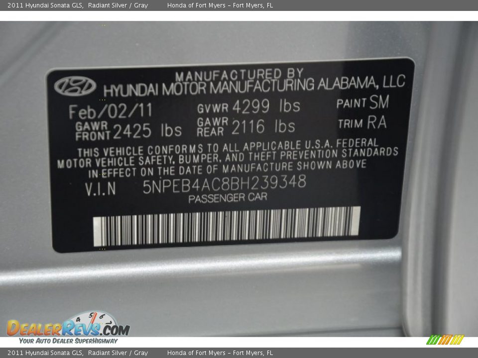 2011 Hyundai Sonata GLS Radiant Silver / Gray Photo #33