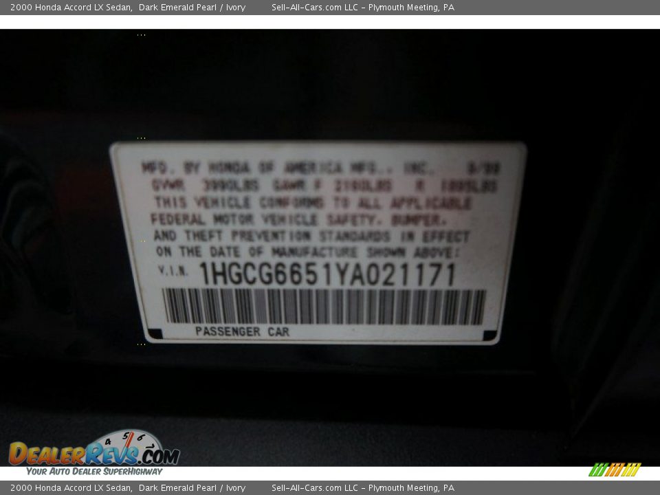 2000 Honda Accord LX Sedan Dark Emerald Pearl / Ivory Photo #21