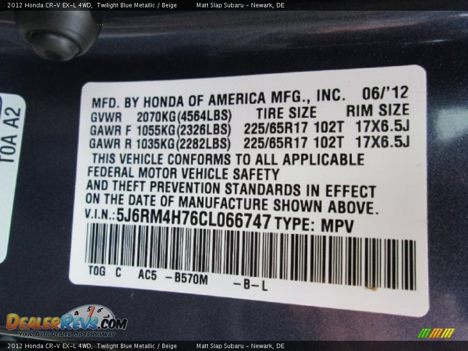 2012 Honda CR-V EX-L 4WD Twilight Blue Metallic / Beige Photo #29