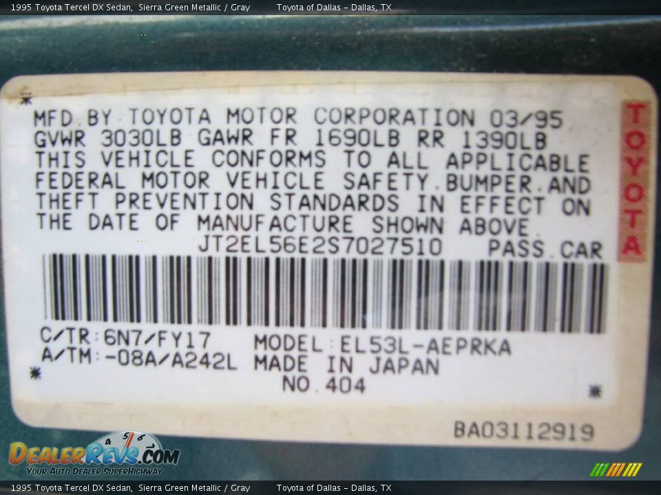 1995 Toyota Tercel DX Sedan Sierra Green Metallic / Gray Photo #15