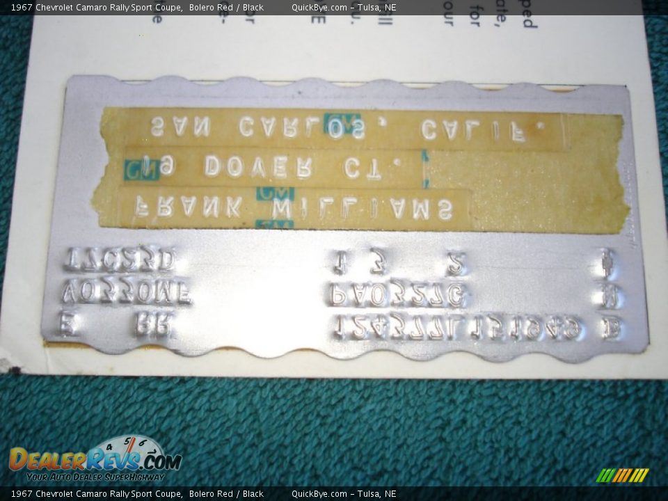 Info Tag of 1967 Chevrolet Camaro Rally Sport Coupe Photo #35