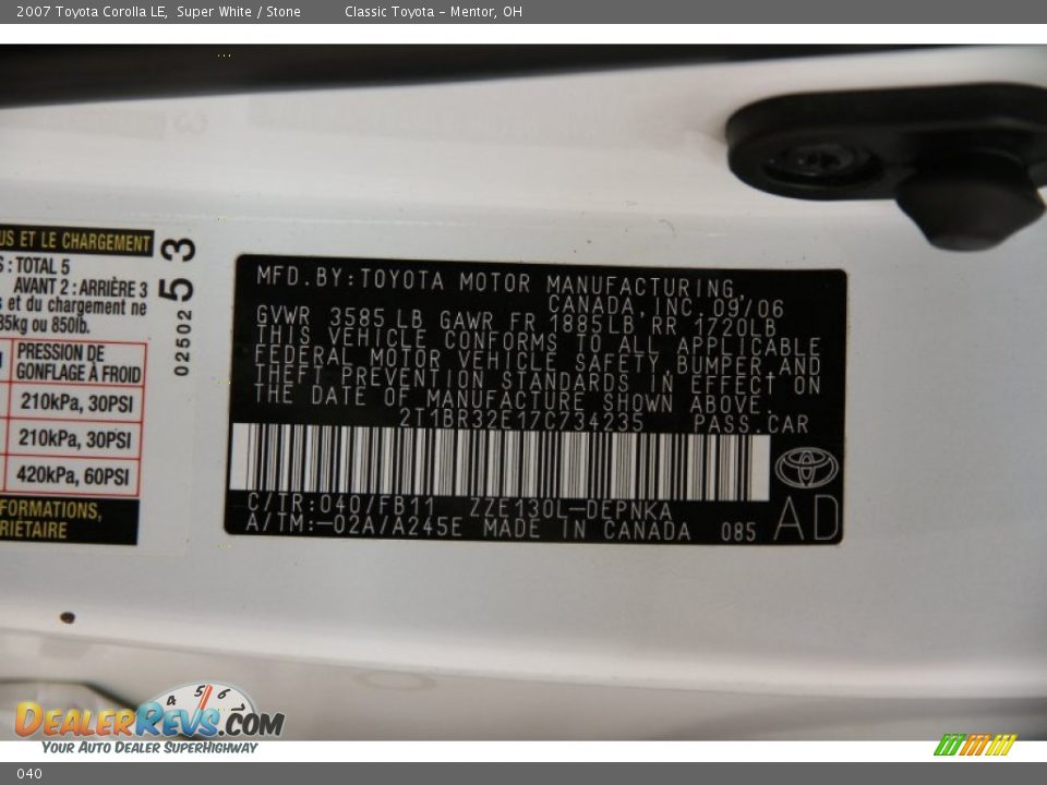 Toyota Color Code 040 Super White