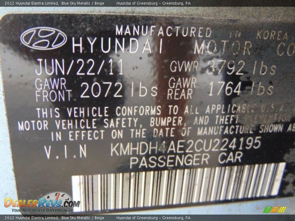 2012 Hyundai Elantra Limited Blue Sky Metallic / Beige Photo #25