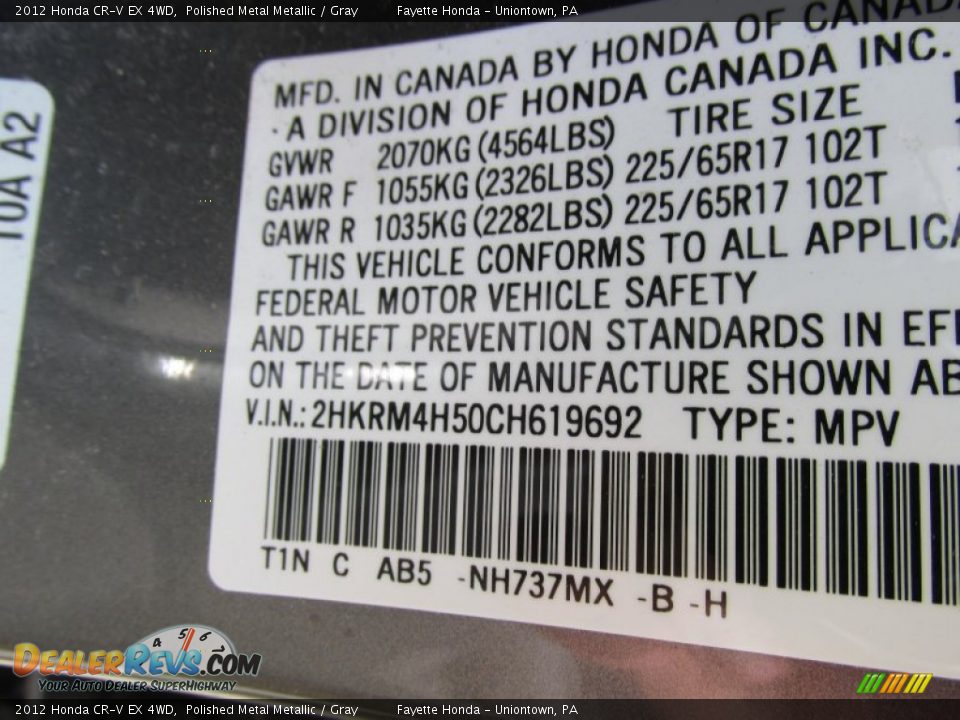 2012 Honda CR-V EX 4WD Polished Metal Metallic / Gray Photo #9