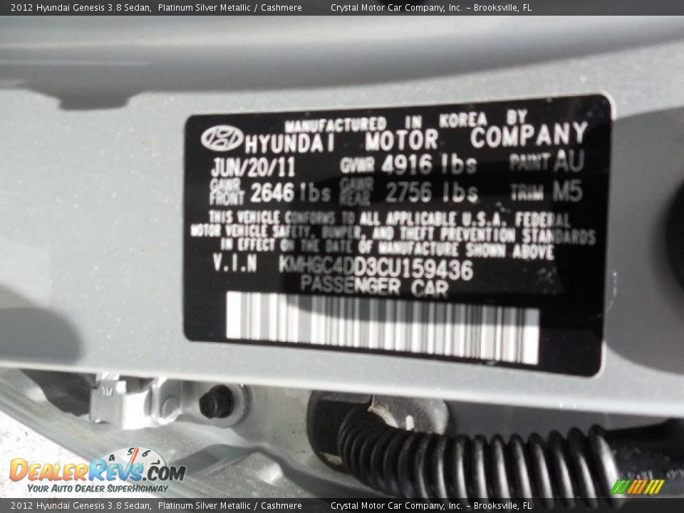 2012 Hyundai Genesis 3.8 Sedan Platinum Silver Metallic / Cashmere Photo #22